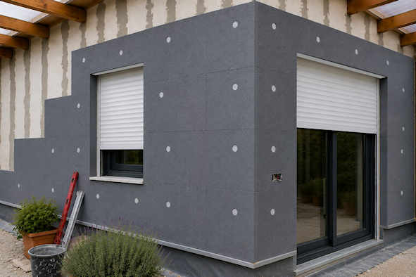 Maison équipée de volets roulants intégrés dans une isolation thermique par l’extérieur
